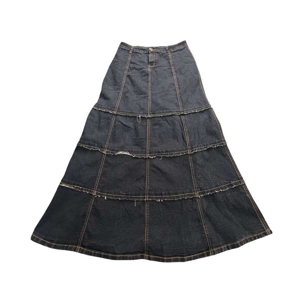Be-girl BASIC Maxi Skirt Womens M 30x37 Dark Wash Tiered Denim Boho